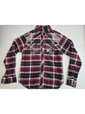 King Maker Mens Western Plaid Shirt Medium Red & Black Embroidered